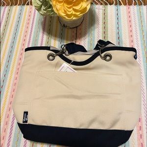 Cream and Navy Thirty-one Lunch tote.